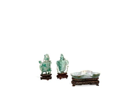 TWO CHINESE JADEITE MELON-SHAPED VASES AND COVERS, LATE QING DYNASTY With leafy tendrils extending around the body, each with