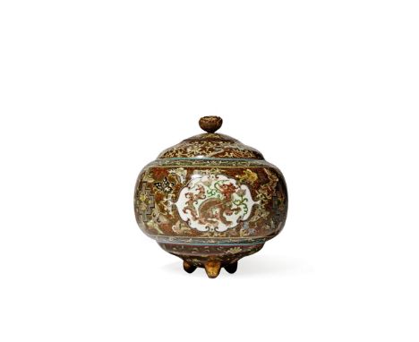A JAPANESE CLOISONNE JAR AND COVER, MEIJI 1868-1912 The ovoid body raised on three short gilt feet, decorated with three shap