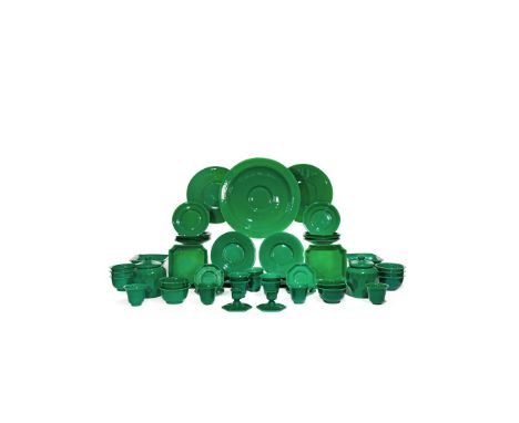 AN EXTENSIVE CHINESE GREEN GLASS SERVICE, 19TH/20TH CENTURY Comprising: a charger, two large dishes, twelve circular and four