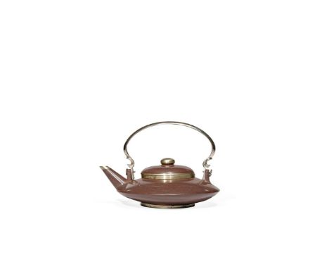 A CHINESE YIXING TEAPOT AND COVER, QING DYNASTY Made for the Thai market, the flatted body with a bail handle, the rims and f