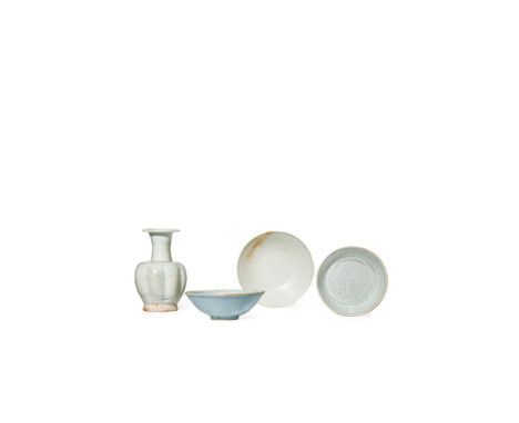 FOUR CHINESE QINGBAI ITEMS, SONG DYNASTY 960-1279 AD Comprising a lobed vase and three dishes, one of plain conical form, one