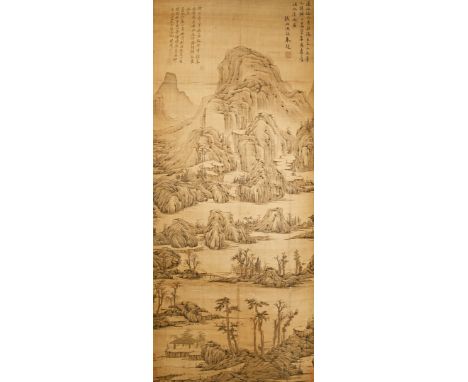 A CHINESE SCROLL PAINTING ON SILK, 18TH/19TH CENTURY After Ni Zan, depicting an extensive landscape with mountains and trees 