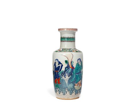 AN UNUSUAL CHINESE DOUCAI ROULEAU VASE, KANGXI 1662-1722 The cylindrical body painted with four Immortals riding on the backs