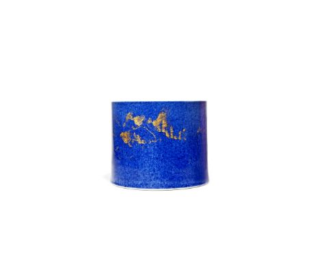 A CHINESE POWDER-BLUE GLAZED BITONG, KANGXI 1662-1722 The cylindrical body decorated in gilt with an extensive mountain lands