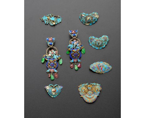 A PAIR OF CHINESE ENAMEL EARRINGS, QING DYNASTY Formed as reticulated filigree baskets of flowers, with jadeite and rose quar