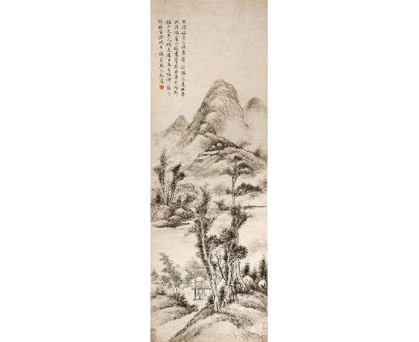 A CHINESE SCROLL PAINTING BY MA YUANYU (1669-1722), QING DYNASTY Depicting small huts beneath trees in a mountain landscape, 