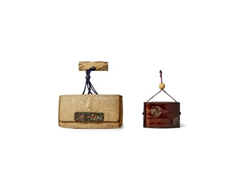† A JAPANESE SHAGREEN TABAKO-IRE, MEIJI 1868-1912 The tobacco pouch with two compartments and with gold, silver and shakudo c