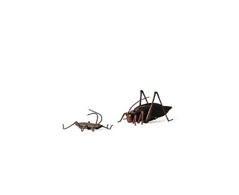 TWO JAPANESE MYOCHIN-SCHOOL IRON ARTICULATED MODELS OF INSECTS, 19TH CENTURY The first a grasshopper, naturalistically render