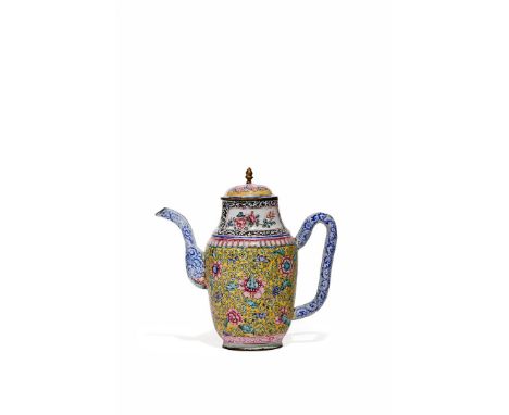 A CHINESE CANTON ENAMEL FAMILLE ROSE EWER , AND COVER, 18TH/19TH CENTURY Decorated with a dense scrolling flower design with 