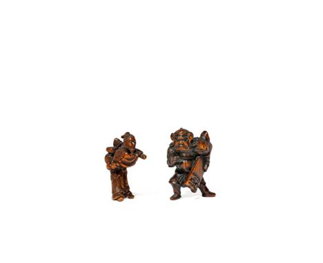 TWO JAPANESE WOOD NETSUKE, 19TH CENTURY The first depicting a sennin carrying a large basket and wearing mugwort leaves, sign