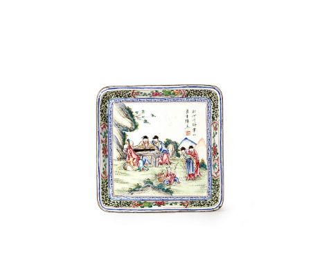 A CHINESE CANTON ENAMEL FAMILLE ROSE SQUARE TRAY, 18TH CENTURY Painted with scholars in a rocky garden, seated at a table pla