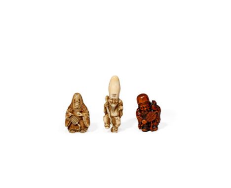 † THREE JAPANESE NETSUKE, 19TH CENTURY Two depicting Jurojin with a fan, one in ivory with amber inlays, signed Hakuryu, the 