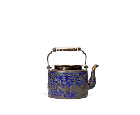 λ AN UNUSUAL CHINESE SILVER PARCEL-GILT AND ENAMEL TEAPOT AND COVER, 19TH CENTURY The cylindrical body embossed with figures 