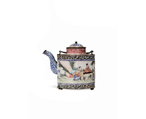 † A CHINESE CANTON ENAMEL FAMILLE ROSE FLUTED TEAPOT AND COVER, QIANLONG 1736-95 Decorated with a continuous scene of Immorta