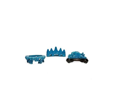 THREE CHINESE TURQUOISE GLAZED ITEMS, KANGXI 1662-1722 Comprising two brush rests, one formed as two fish emerging from waves