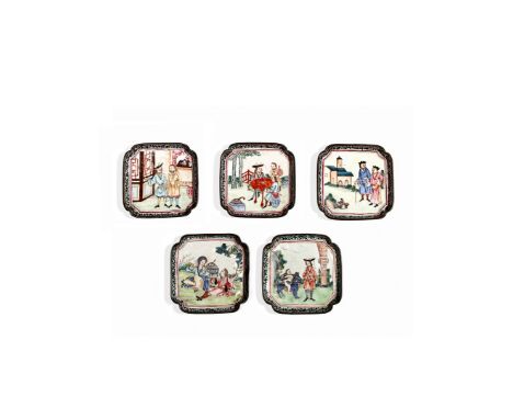† A RARE SET OF FIVE CHINESE CANTON ENAMEL FAMILLE ROSE SQUARE TRAYS, QIANLONG 1736-95 The shallow bodies with chamfered corn