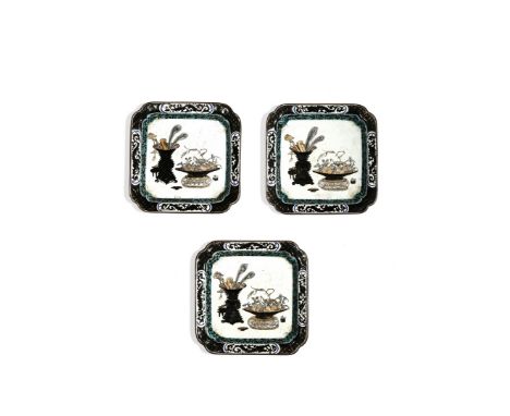 † A SET OF THREE CHINESE CANTON ENAMEL SQUARE TRAYS, QIANLONG C.1780 With chamfered corners and grisaille and gilt decoration