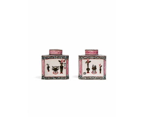 † A PAIR OF CHINESE CANTON ENAMEL FAMILLE ROSE TEA CANISTERS AND COVERS, QIANLONG 1736-95 Of chamfered rectangular form, each