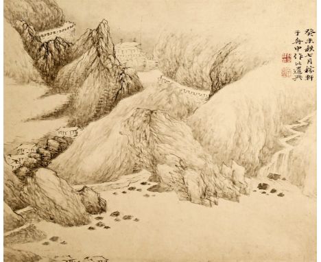 A PAIR OF CHINESE PAINTINGS ON PAPER BY QIAN WEICHENG (1720-1772), 18TH CENTURY Depicting rocky landscape scenes, each with a