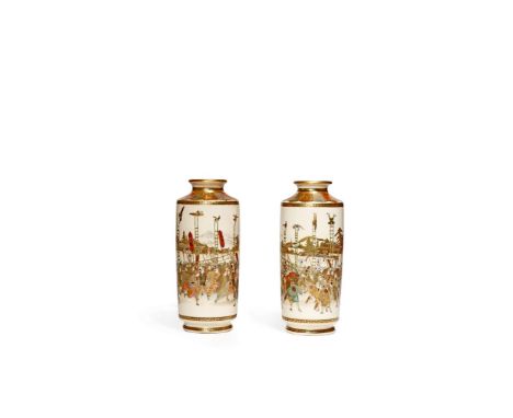 A PAIR OF JAPANESE SATSUMA VASES, MEIJI 1868-1912 Decorated with a continuous scene of firemen celebrating the New Year, some