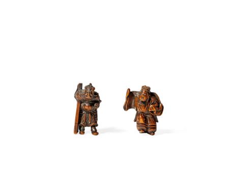 TWO JAPANESE WOOD NETSUKE, 19TH CENTURY One depicting an actor playing the angel in the Noh play Hagoromo, signed Gyokko, the