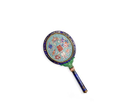 A CHINESE ENAMEL AND IVORY-MOUNTED MIRROR, 19TH CENTURY The oval mirror with a blue enamel frame painted with gilt flowers, t