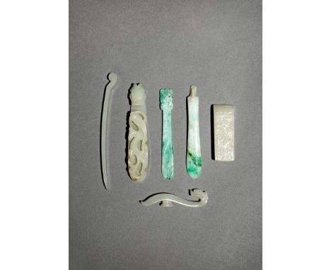 SIX CHINESE JADE ITEMS, 18TH/19TH CENTURY Two carved in jadeite, the remainder in pale celadon nephrite, comprising: two belt