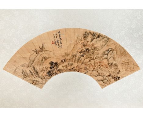 A CHINESE LANDSCAPE FAN, QING DYNASTY Painted with small huts in a rocky landscape, and with three columns of calligraphy and