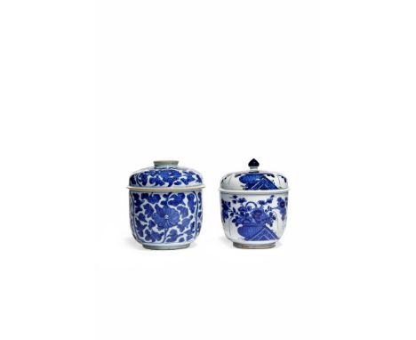 TWO CHINESE BLUE AND WHITE U-SHAPED BOWLS AND COVERS, KANGXI 1662-1722 One painted with baskets of flowers, the other with a 