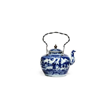 A LARGE CHINESE BLUE AND WHITE KETTLE AND COVER, WANLI 1573-1620 Painted to the exterior with a continuous landscape scene, w
