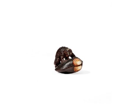 † A JAPANESE WOOD NETSUKE, 19TH CENTURY Carved as a small kappa climbing on a clam, his foot stuck between the valves, some d