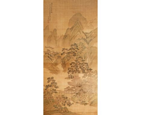 A CHINESE SCROLL PAINTING ON SILK, EARLY 20TH CENTURY Attributed to Wang Hui, depicting pine trees and a distant village bene