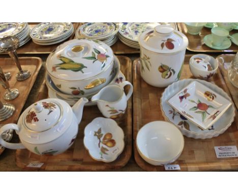 Two trays of Royal Worcester 'Evesham' oven to table ware items to include: baluster teapot; milk jug; sucrier; flan dish; li