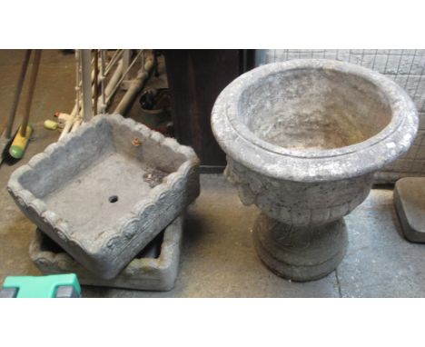 Classical design composite campana urn shaped pedestal planter, together with two composite square planters. (3)(B.P. 24% inc