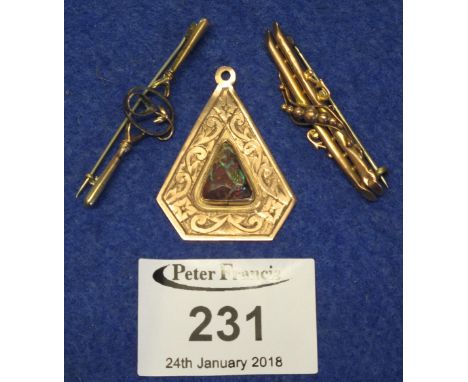 Two 9ct gold bar brooches, together with 9ct gold pendant with triangular opal matrix stone, within scroll work engraving.(B.