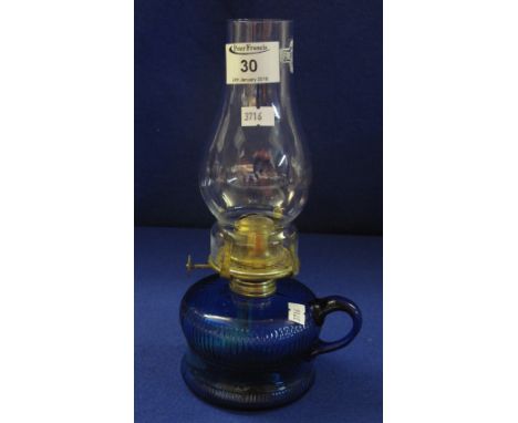 Small single burner, hand held, chamber lamp, blue glass reservoir, clear funnel.(B.P. 24% incl. VAT)