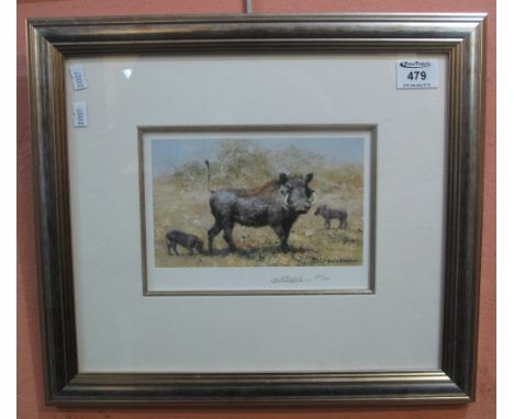 After David Shepherd, Warthog family, a limited edition coloured print signed by the artist.  Framed and glazed.  12 x 20cm.(