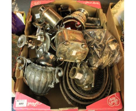 Tray of assorted metalware, various, to include: pewter hip flask; salts; egg cups; pierced baskets; chamber sticks; tea cadd