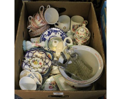 Box of assorted, mainly china, to include: part teaware items; commemorative mugs; trinket boxes; candlesticks; hobnail cut, 