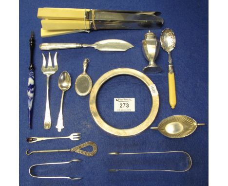 Bag of assorted silver and other items to include: sugar nips; pepperettes; twin handled salt; cutlery; glass comb design fou