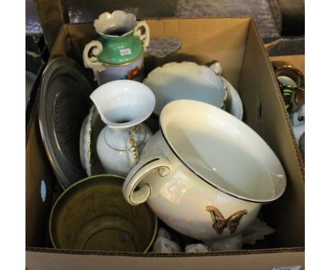 Box of assorted china to include: lustre and a floral chamber pot; Continental figurines; Continental two handled floral vase