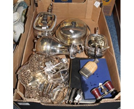 Tray of assorted metalware to include: silver plated teaware; Cardinal Plate toast rack; miniature hip flask; opera glasses; 
