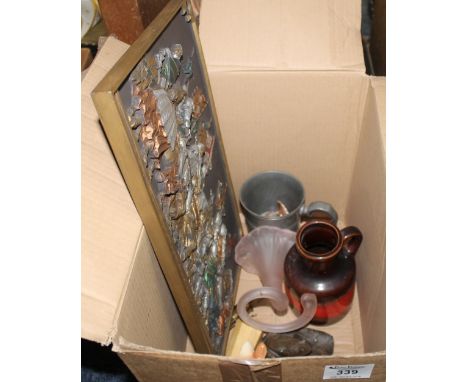 Box of assorted items to include: miniature brass miner's lamp; metal bottle opener; bronzed Michael Brewer study of a frog o