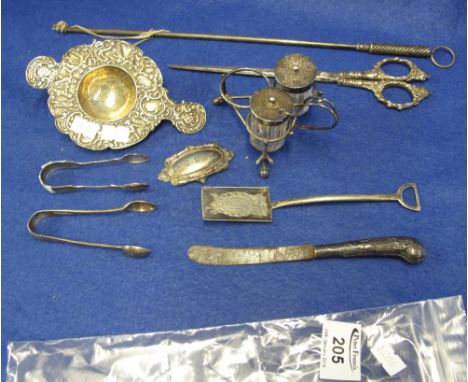 Box of assorted silver and plate to include: claret decanter label; three piece cruet set on stand; sugar nips; scissors; pis