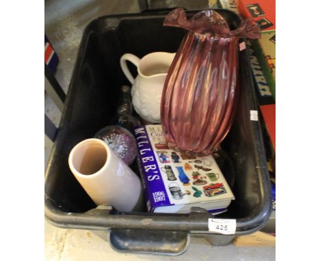 Tray of assorted items to include: ruby glass, baluster frilled vase; glass paperweight; egg timer; ship in a bottle; Miller'