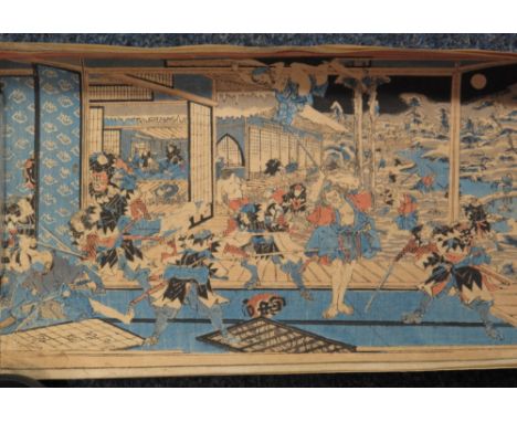 Japanese coloured woodblock print depicting figures and warriors training within landscape background.(B.P. 24% incl. VAT)   