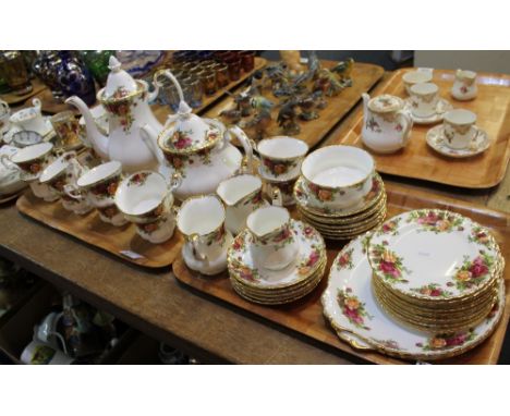 Two trays of Royal Albert bone china 'Old Country Roses' teaware, various, to include: teapots; cups; saucers; plates; milk j