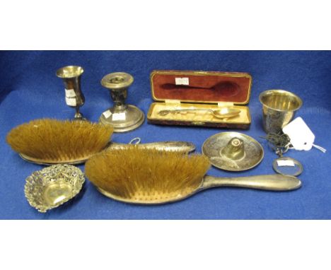 Bag of assorted silver and plate to include: vanity brushes; small silver wasted goblet; dwarf candlestick; pierced heart sha