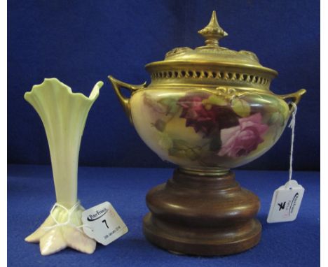 Royal Worcester porcelain twin handled vase and cover on wooden plinth, together with Royal Worcester pottery vase dated: Jul