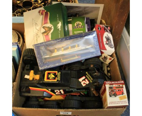 Box of boxed and play worn, diecast cars and vehicles to include: Great British buses; Trams of the World; The Sport of Kings